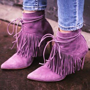 BIONDA CASTANA X MATTHEW WILLIAMSON LILAC SUEDE FRINGE BOOTS